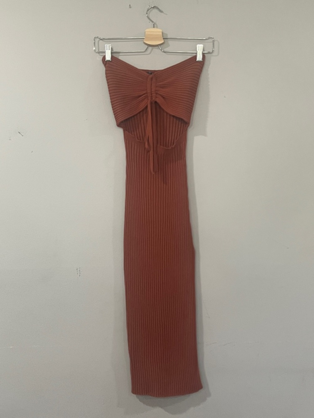 Windsor Strapless Rib-Knit Maxi Dress in Rust Brown